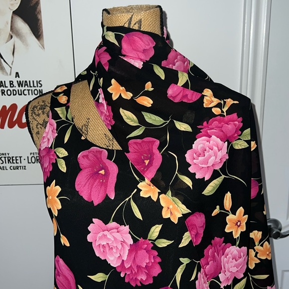Vintage black floral mini dress with matching shawl - Picture 2 of 5